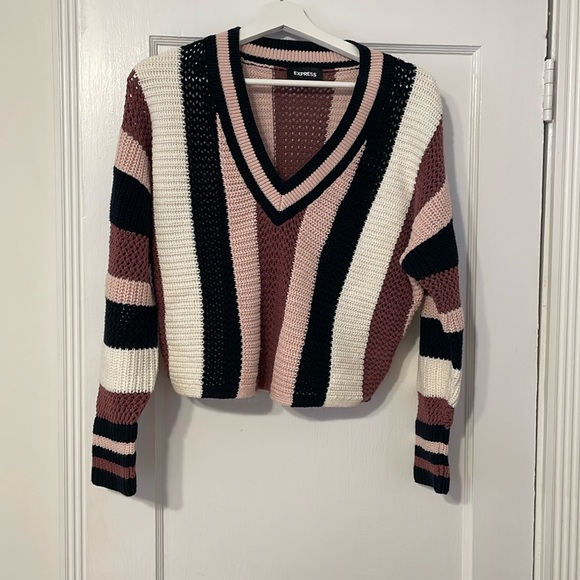 Express Sweaters - Express Pink Retro Strip V neck Sweater